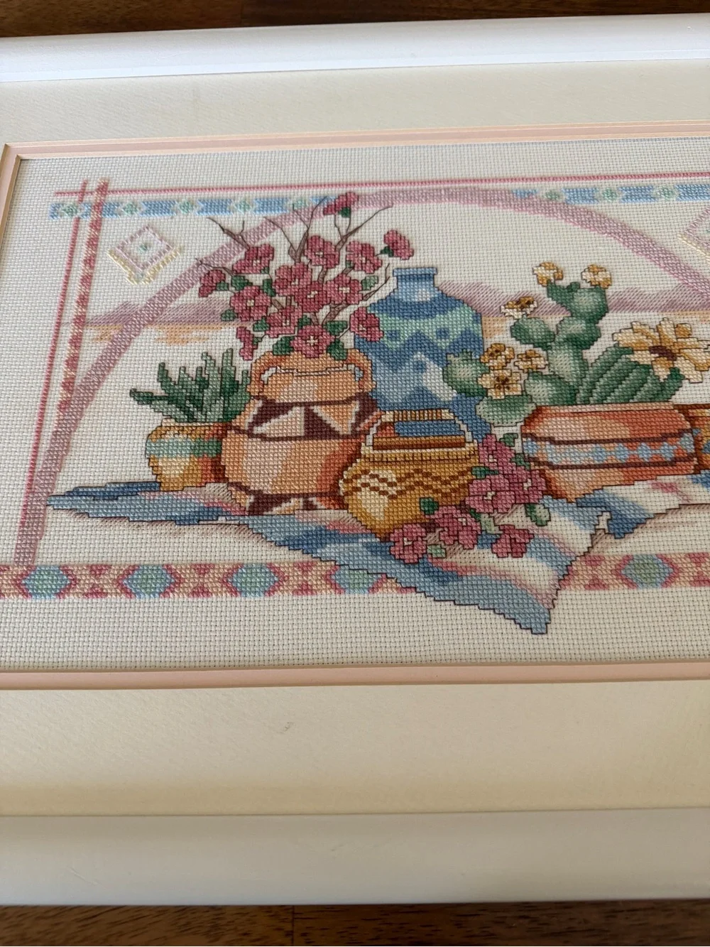 Framed Cross-Stitch Still Life with Vases and Flowers - Multicolor